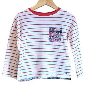 Joules Girls Long Sleeve Top Stripe Floral Back Pocket Red White Size 3 Years